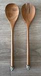 Teak Wood Salad Serving Set Spoon & Fork Metal Floral Handle Long. Fixed Price $20.00.