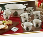 Spode Christmas Tree 10 Pc Punch Bowl Set Scalloped Porcelain Holiday Serveware. Fixed Price $139.99.