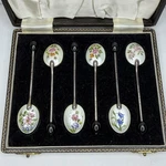 Hcd Birmingham English Sterling Silver Floral Enamel Coffee Bean Spoons Cased. Fixed Price $225.00.