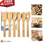 Natural Bamboo Kitchen Utensil Set - 6 Essential Spoons For Safe Cooking. Fixed Price $13.99.