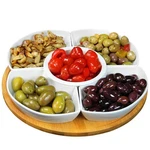 Elama Signature Lazy Susan Appetizer Server Set Bamboo 5-STONEWARE White Bowls. Fixed Price $25.60.