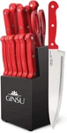 Ginsu Kiso 14-PIECE Serrated Red Knife Set W/ Black Block, Cutlery. Fixed Price $49.95.