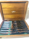 Vintage Cutco 1759 Steak Knives Set Of 8 Wood Box Brown Orange Swirl Handles. Fixed Price $256.00.