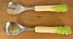 Sagaform Style Stainless Steel Pair Salad Servers Lettuce Effect Handle 10.75". Fixed Price $30.00.