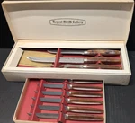 Vintage Regent Sheffield 9 Pc Knife Set Stainless Forever Sharp Marbled Bakelite. Fixed Price $29.99.