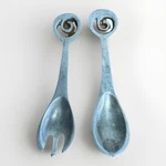 Vintage Cast Metal Salad Servers Spoon Fork Set Spiral Handle 9 Modernist. Fixed Price $29.99.