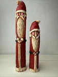 Set Of Skinny Wooden Hand Carved Santa Claus Folk Art Signed Makers Mark Bottom. Fixed Price $44.00.