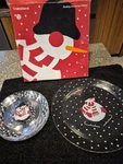 Crate & Barrell Platter 13" With Box + 6 Plates 8". Skating Snowman. France.. Fixed Price $32.00.