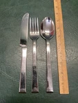 3 Pcs Calvin Klein York Stainless Flatware Knife, Fork, Spoon. Fixed Price $48.00.