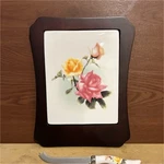 Avon Floral Rectangle Cheese Board Set Of 2 W/ Knife Wood Ceramic Brown White. Fixed Price $16.00.