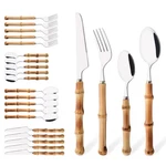 Bamboo Handle Silverware Set, 24-PIECE Flatware For 6, Stainless Steel Cu.... Fixed Price $44.29.