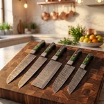 Damascus Santoku Chef Knife Set 5PC Handmade Kitchen Knives W/leather Roll Gift. Fixed Price $93.00.